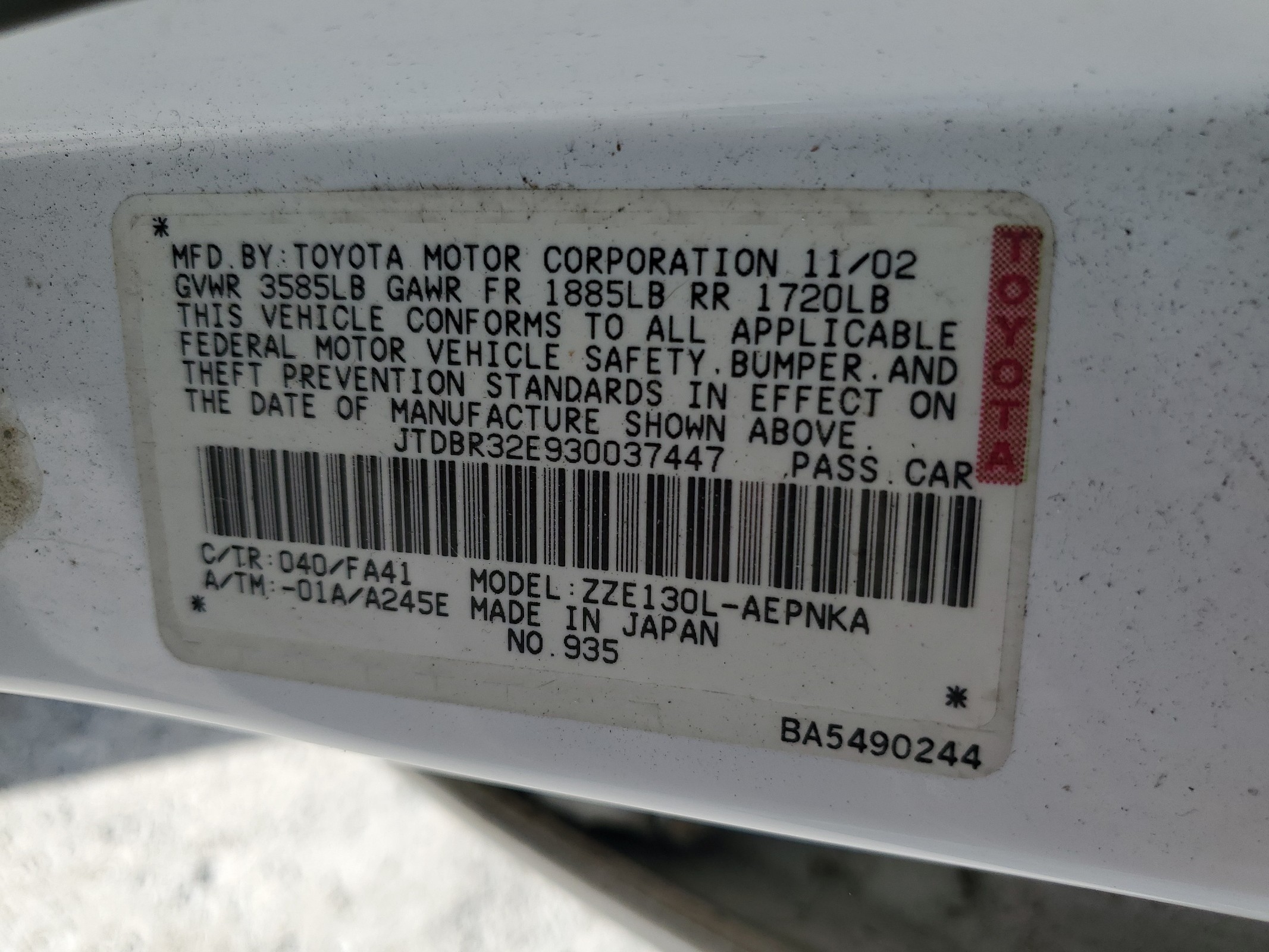 JTDBR32E930037447 2003 Toyota Corolla Ce