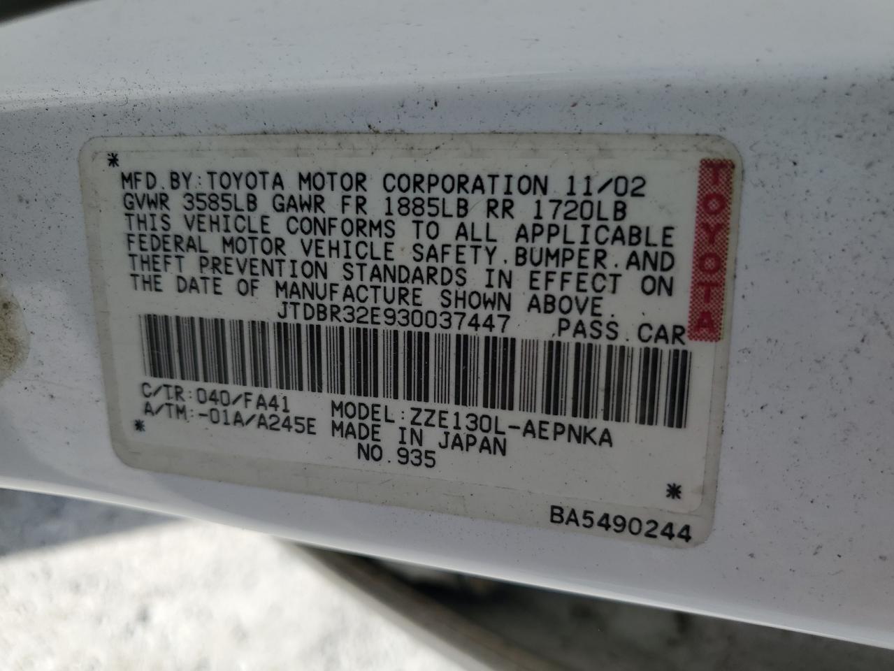 2003 Toyota Corolla Ce VIN: JTDBR32E930037447 Lot: 65598214