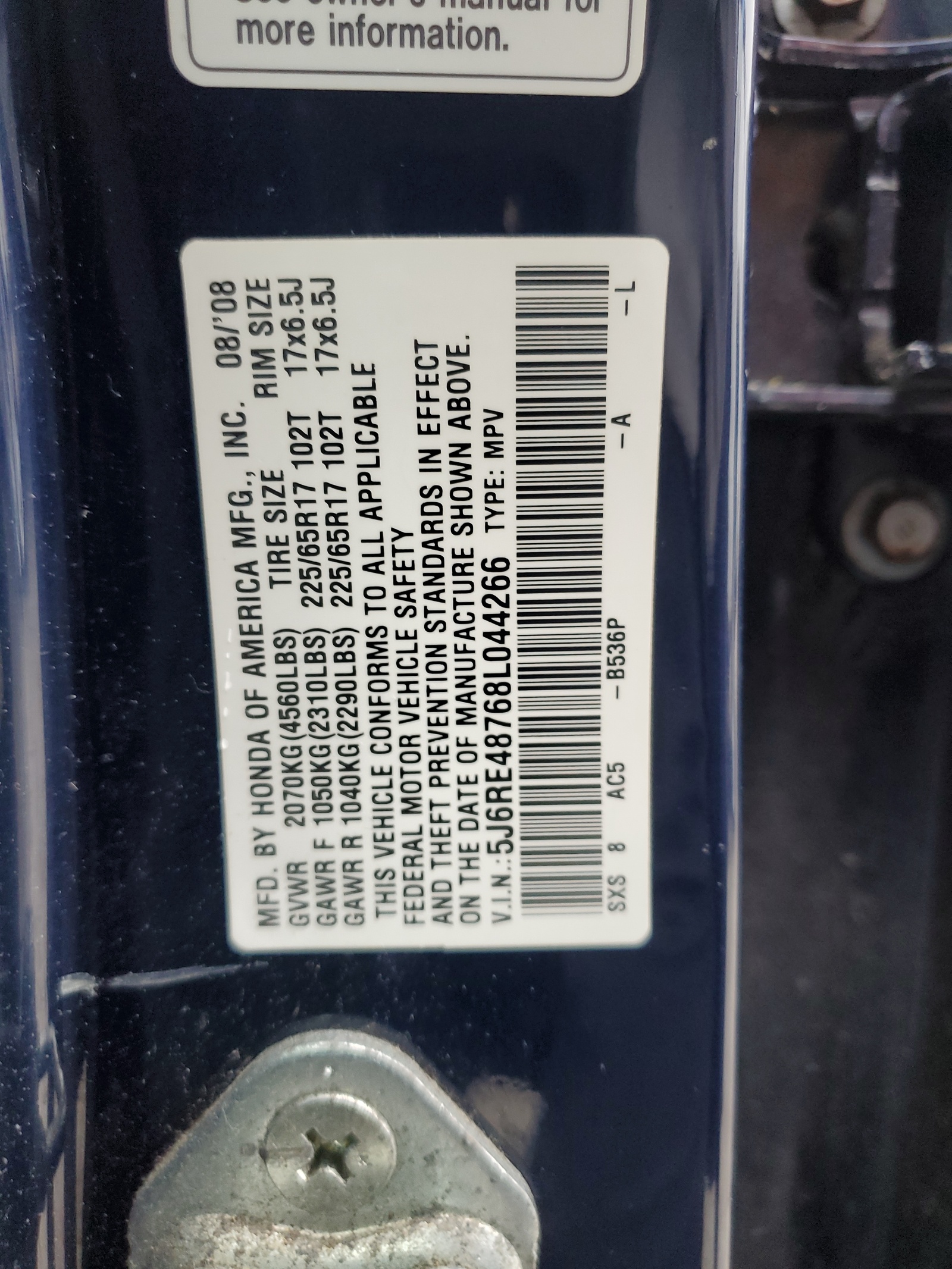 5J6RE48768L044266 2008 Honda Cr-V Exl