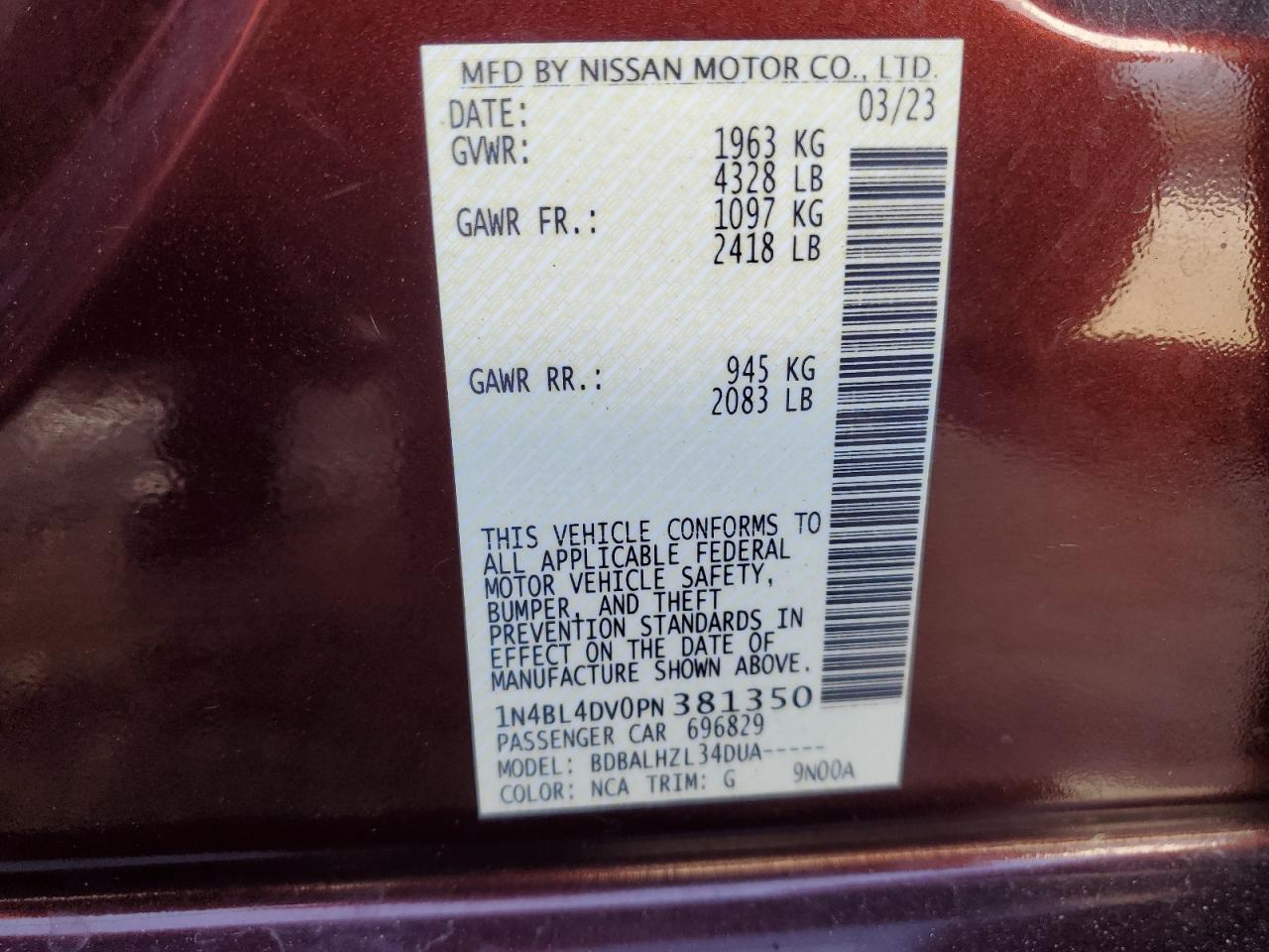 2023 Nissan Altima Sv VIN: 1N4BL4DV0PN381350 Lot: 64982554