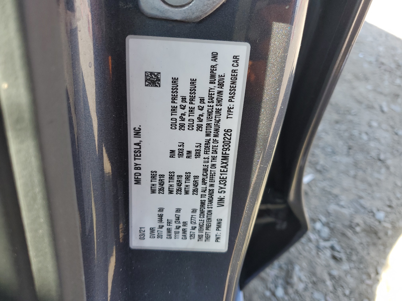 5YJ3E1EAXMF930226 2021 Tesla Model 3