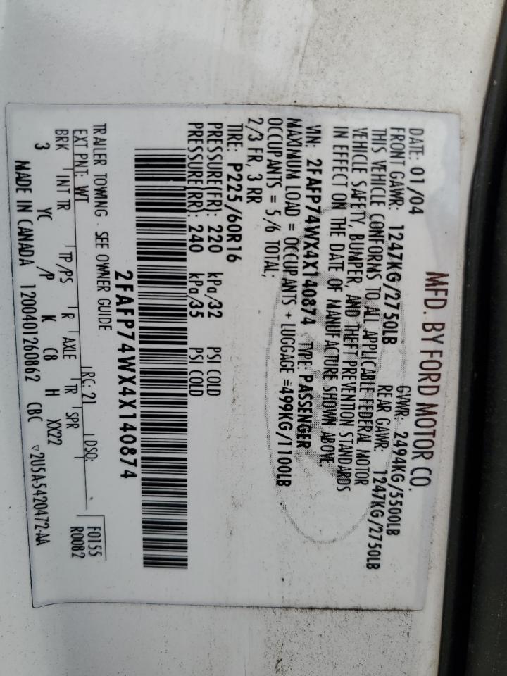 2004 Ford Crown Victoria Lx VIN: 2FAFP74WX4X140874 Lot: 62530204