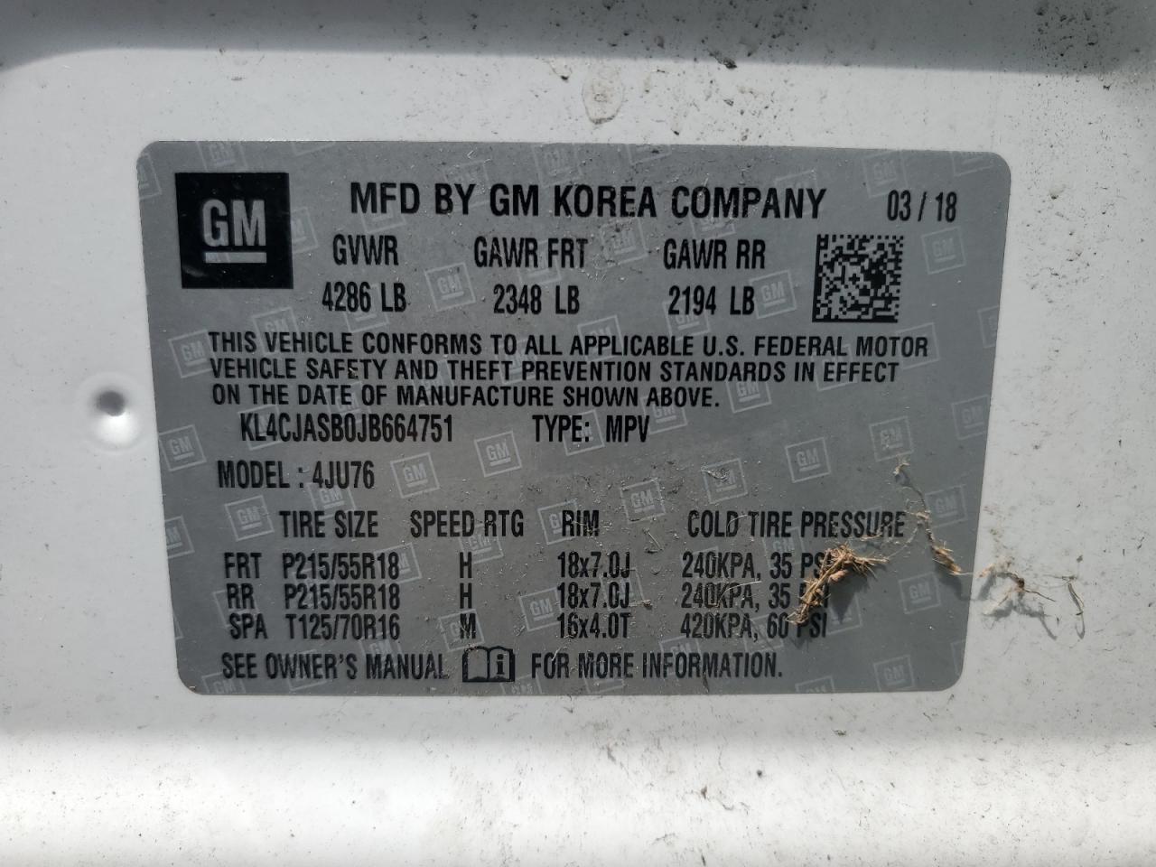 2018 Buick Encore Preferred VIN: KL4CJASB0JB664751 Lot: 63680624