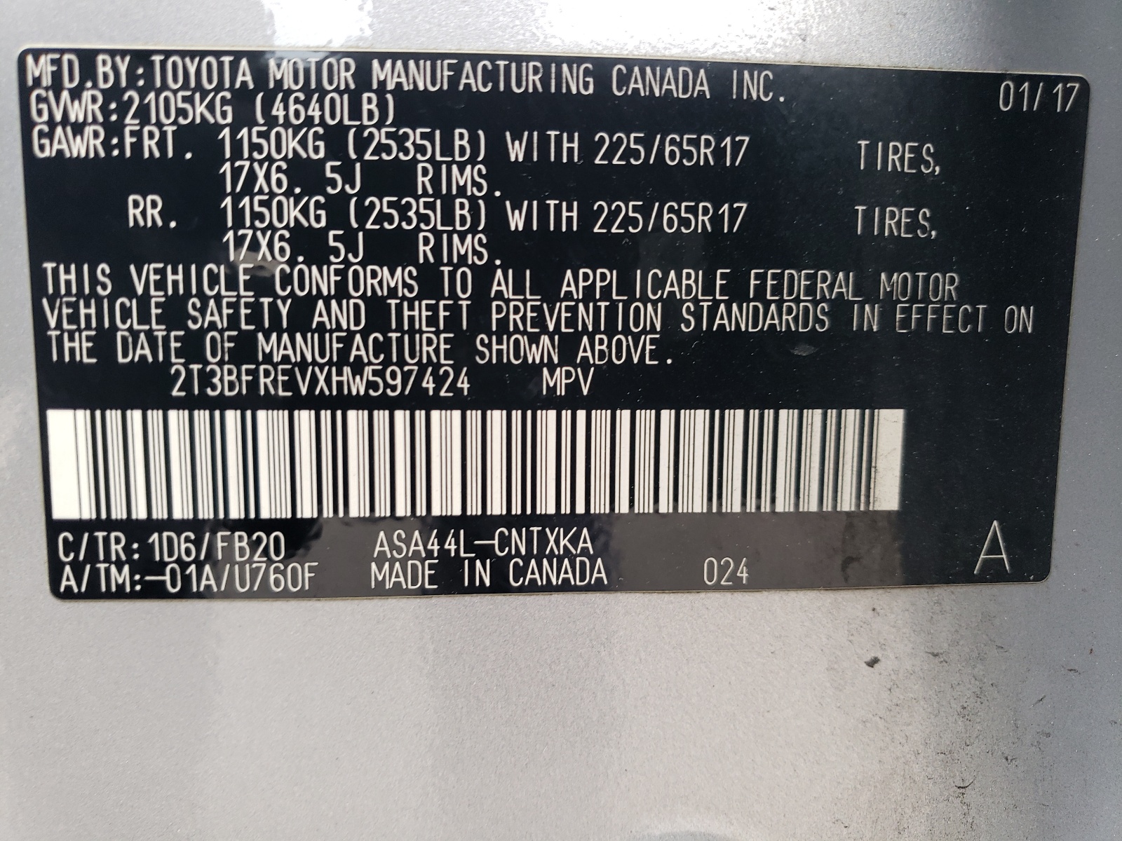 2T3BFREVXHW597424 2017 Toyota Rav4 Le