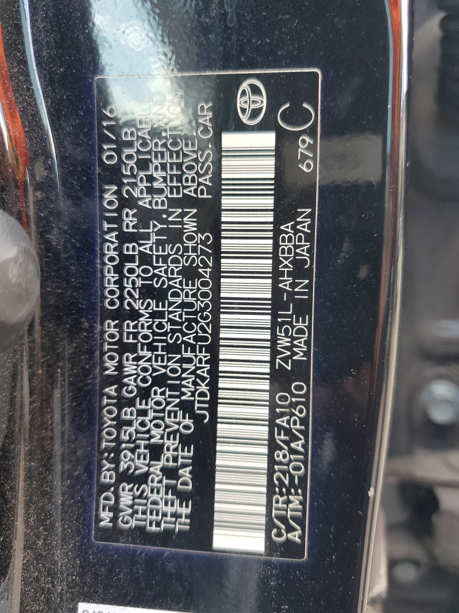 JTDKARFU2G3004273 2016 Toyota Prius