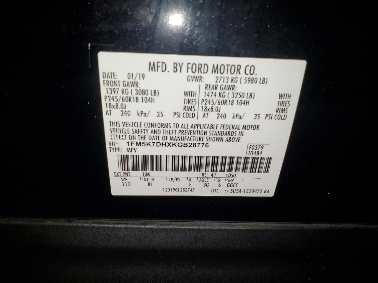 1FM5K7DHXKGB28776 2019 Ford Explorer Xlt