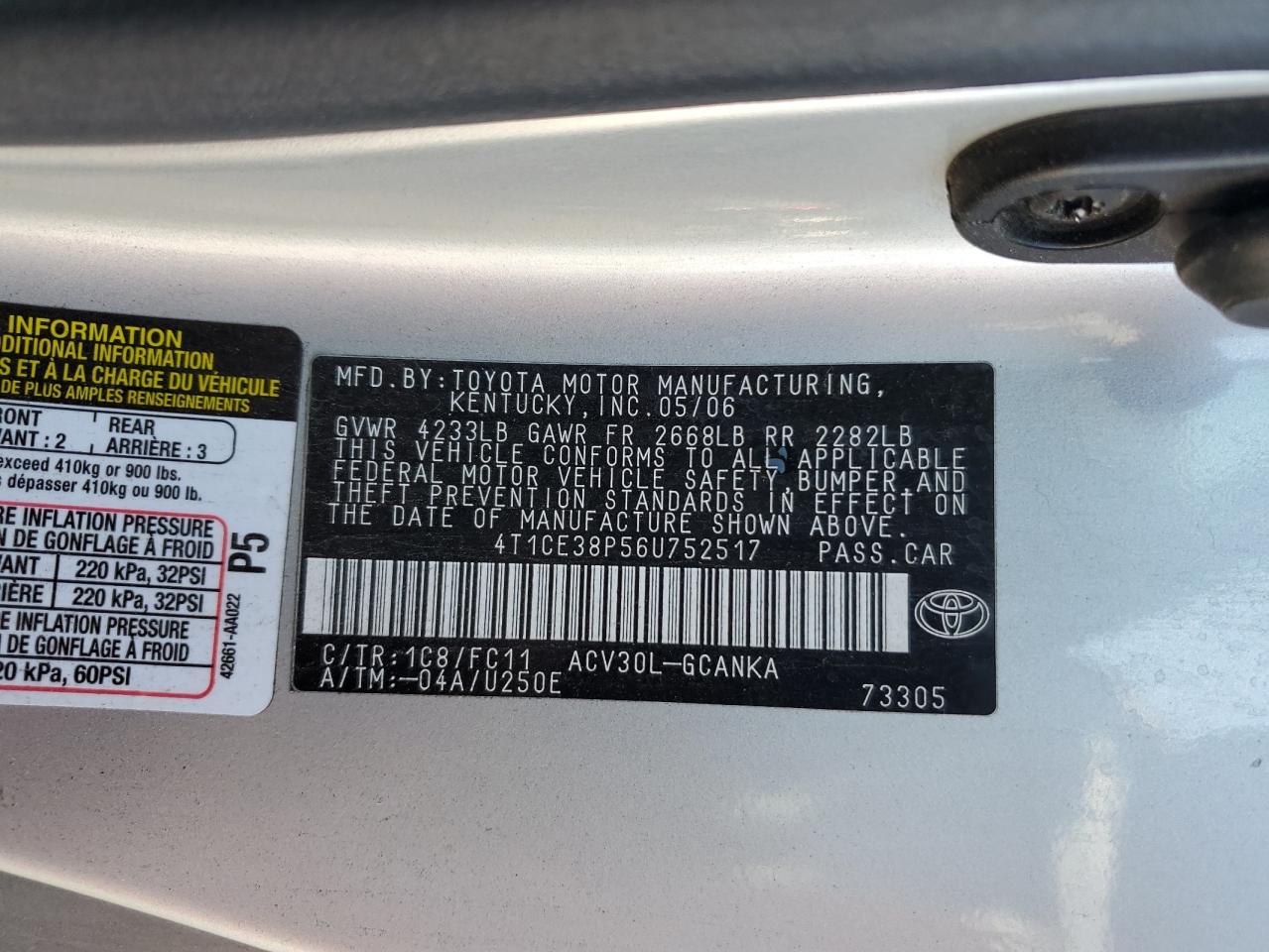 2006 Toyota Camry Solara Se VIN: 4T1CE38P56U752517 Lot: 63147384