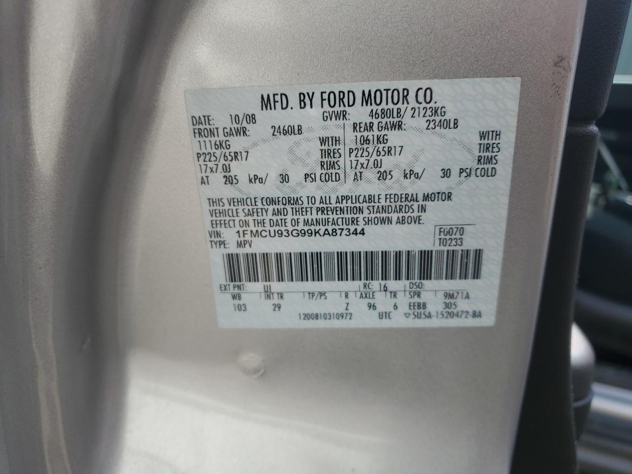 2009 Ford Escape Xlt VIN: 1FMCU93G99KA87344 Lot: 63890584