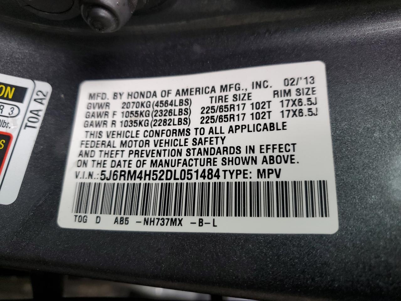 2013 Honda Cr-V Ex VIN: 5J6RM4H52DL051484 Lot: 64995994