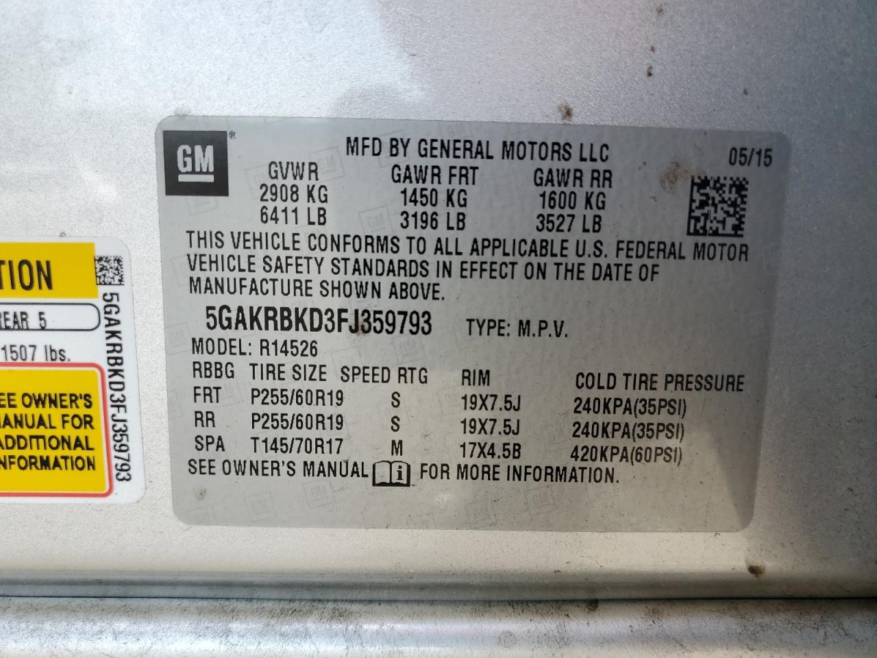 2015 Buick Enclave VIN: 5GAKRBKD3FJ359793 Lot: 62100524