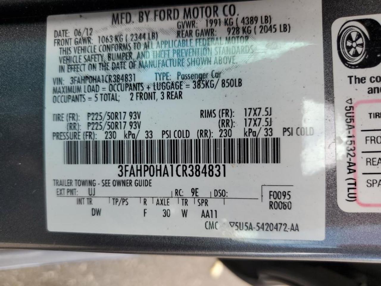 2012 Ford Fusion Se VIN: 3FAHP0HA1CR384831 Lot: 61531264