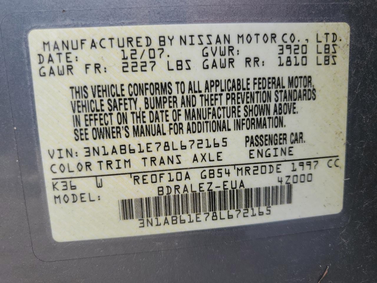 2008 Nissan Sentra 2.0 VIN: 3N1AB61E78L672165 Lot: 64761564