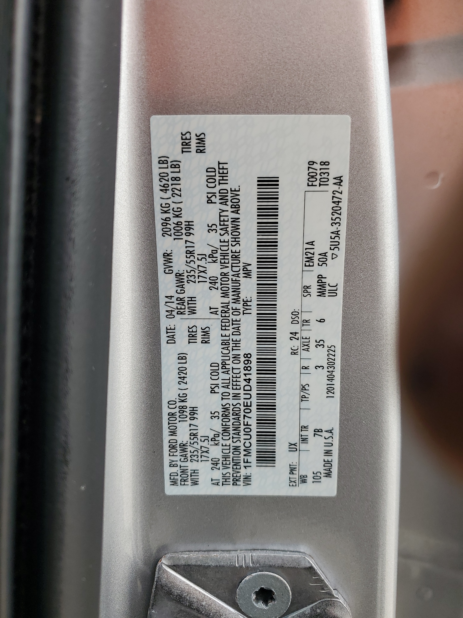 1FMCU0F70EUD41898 2014 Ford Escape S