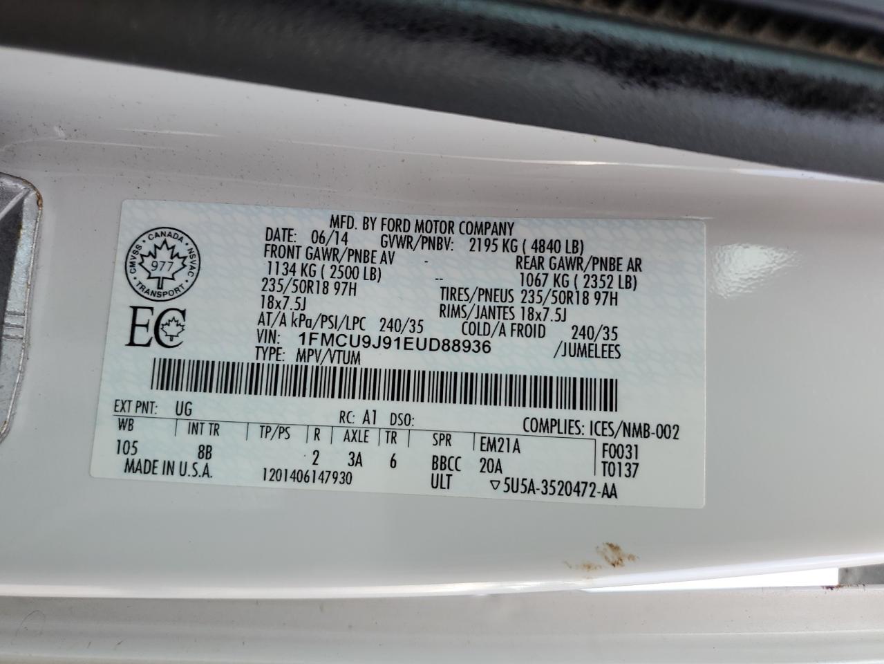 2014 Ford Escape Titanium VIN: 1FMCU9J91EUD88936 Lot: 62711774