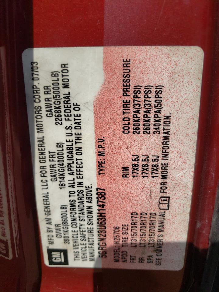 2003 Hummer H2 VIN: 5GRGN23U63H147387 Lot: 64949644