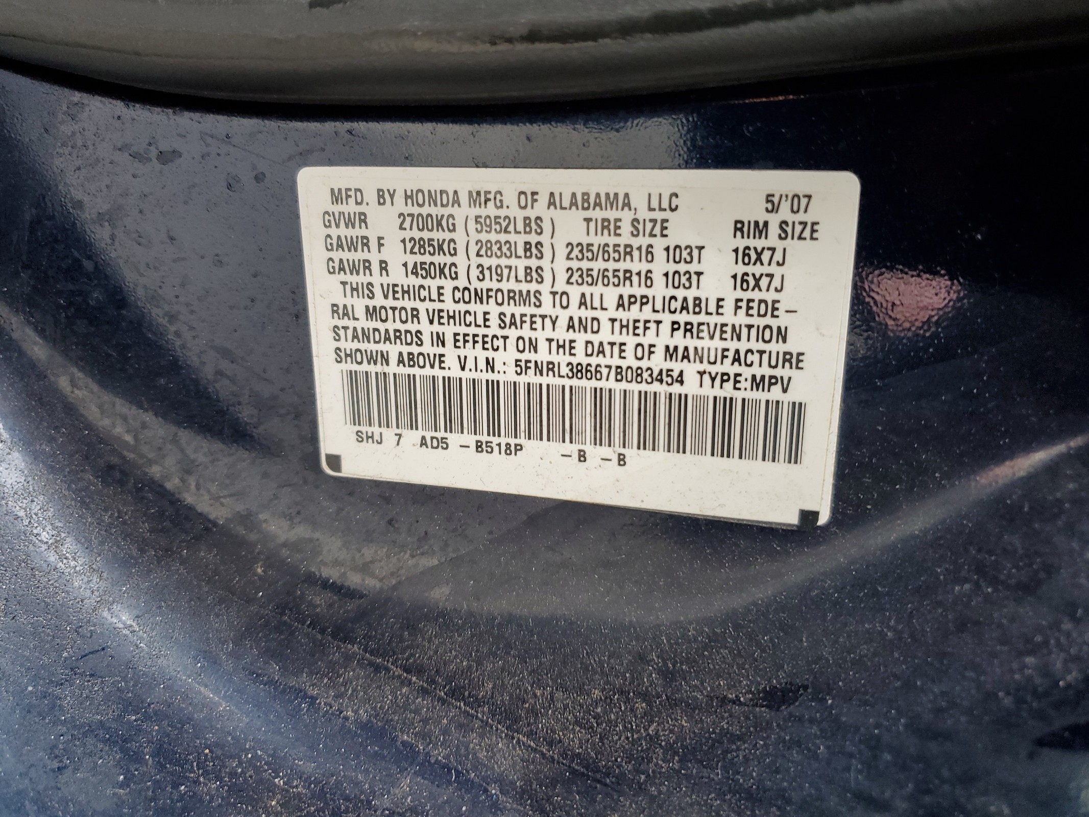 5FNRL38667B083454 2007 Honda Odyssey Exl