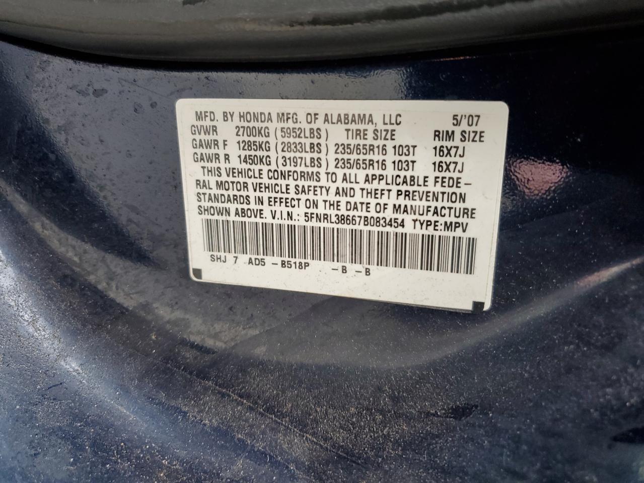 2007 Honda Odyssey Exl VIN: 5FNRL38667B083454 Lot: 64411594