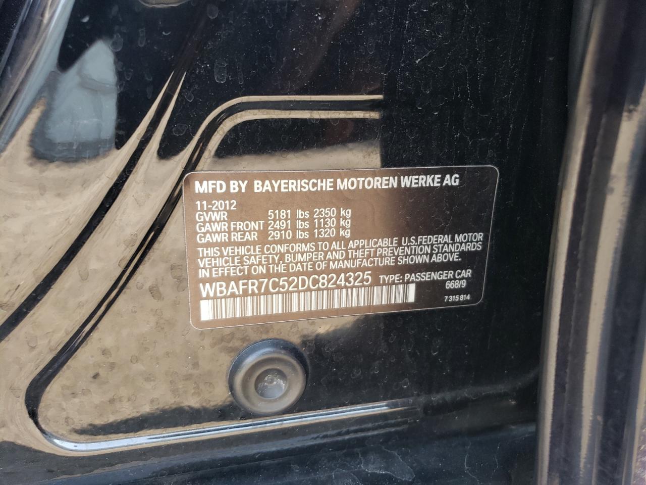 2013 BMW 535 I VIN: WBAFR7C52DC824325 Lot: 63135204