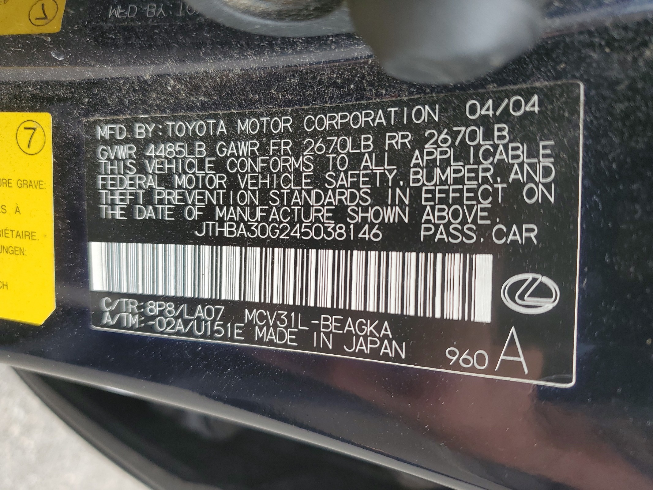 JTHBA30G245038146 2004 Lexus Es 330