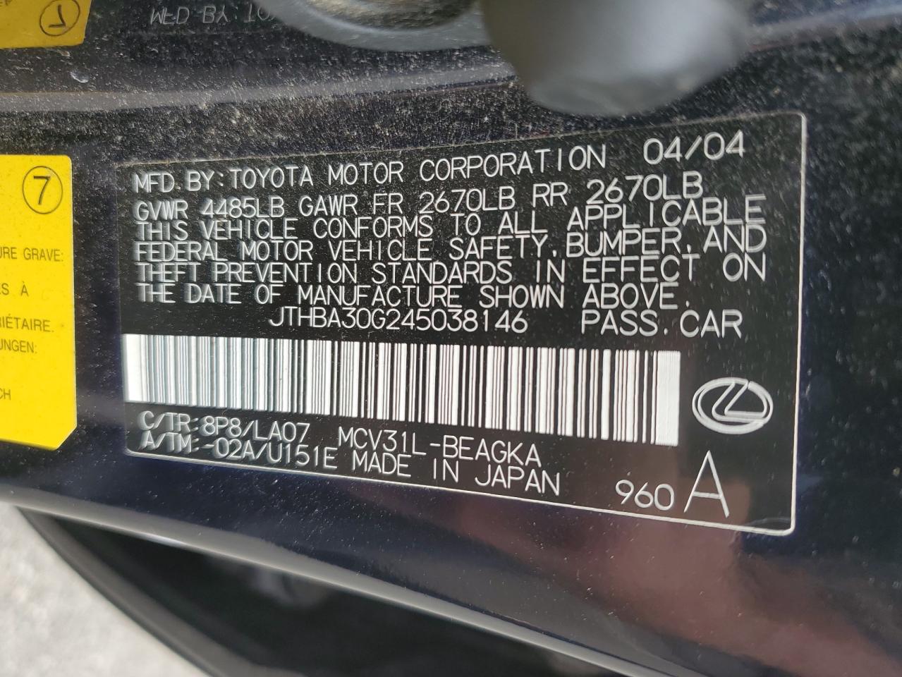 2004 Lexus Es 330 VIN: JTHBA30G245038146 Lot: 64077174