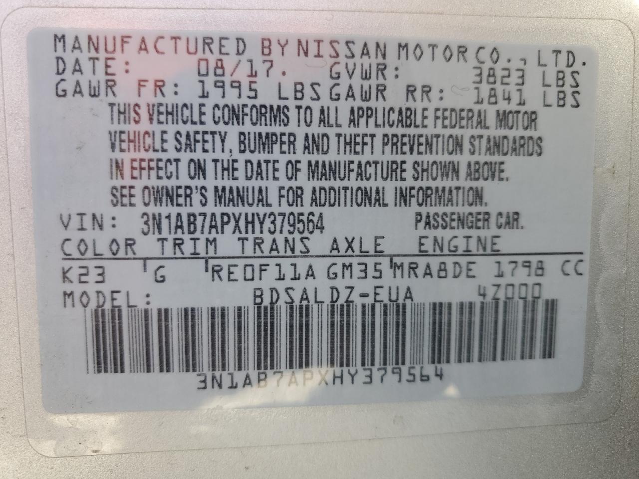 2017 Nissan Sentra S VIN: 3N1AB7APXHY379564 Lot: 63883904