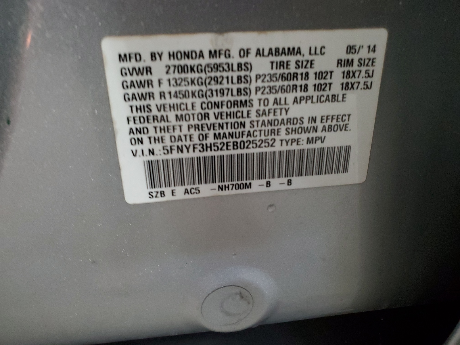 5FNYF3H52EB025252 2014 Honda Pilot Exl