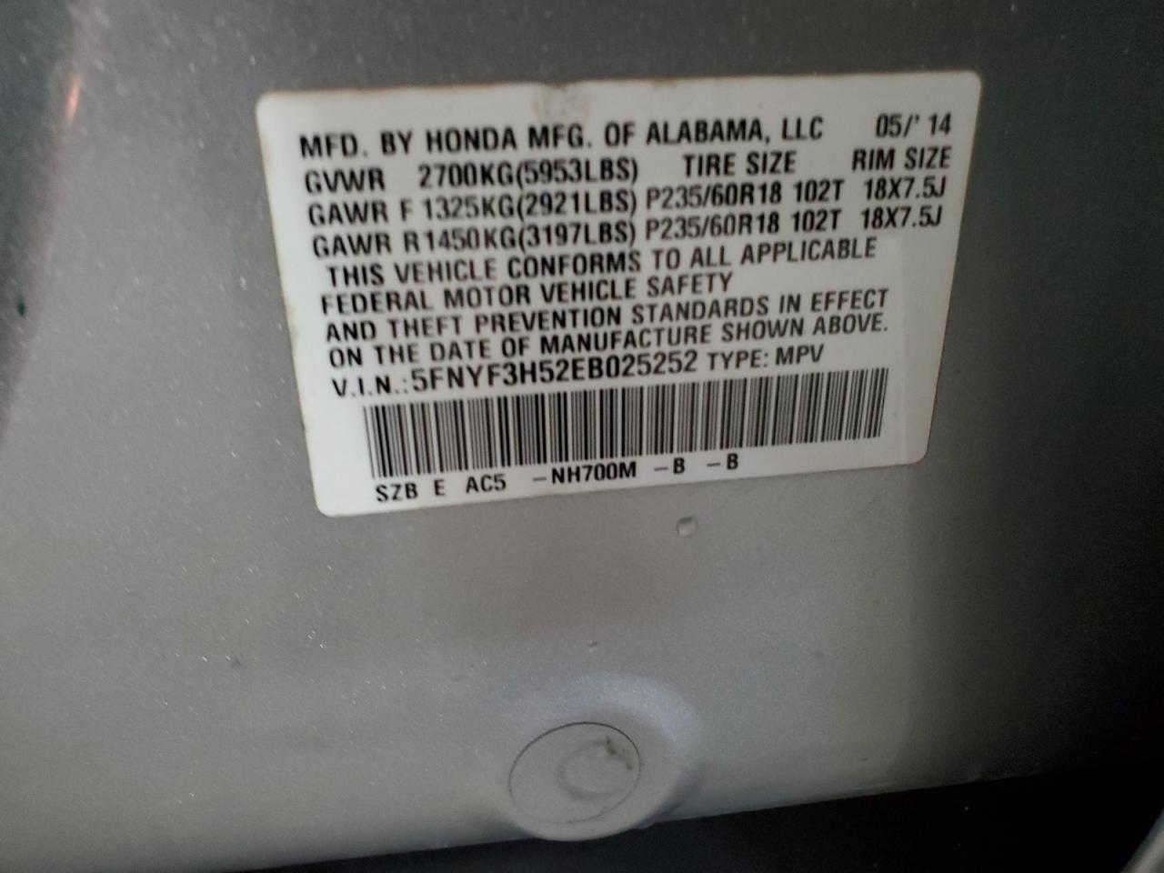 2014 Honda Pilot Exl VIN: 5FNYF3H52EB025252 Lot: 62458634