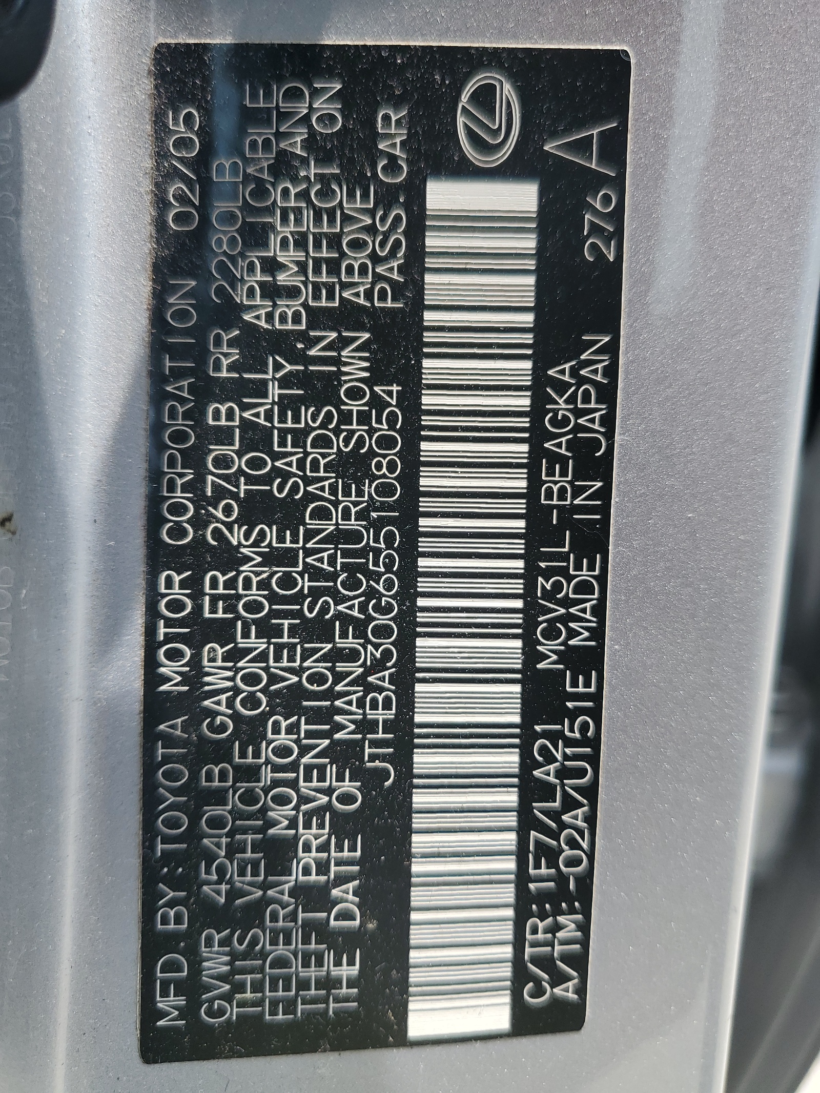 JTHBA30G655108054 2005 Lexus Es 330