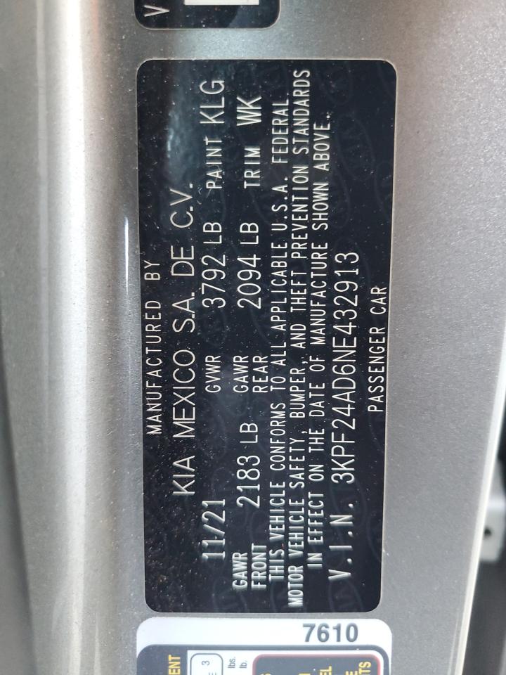 2022 Kia Forte Fe VIN: 3KPF24AD6NE432913 Lot: 64174984