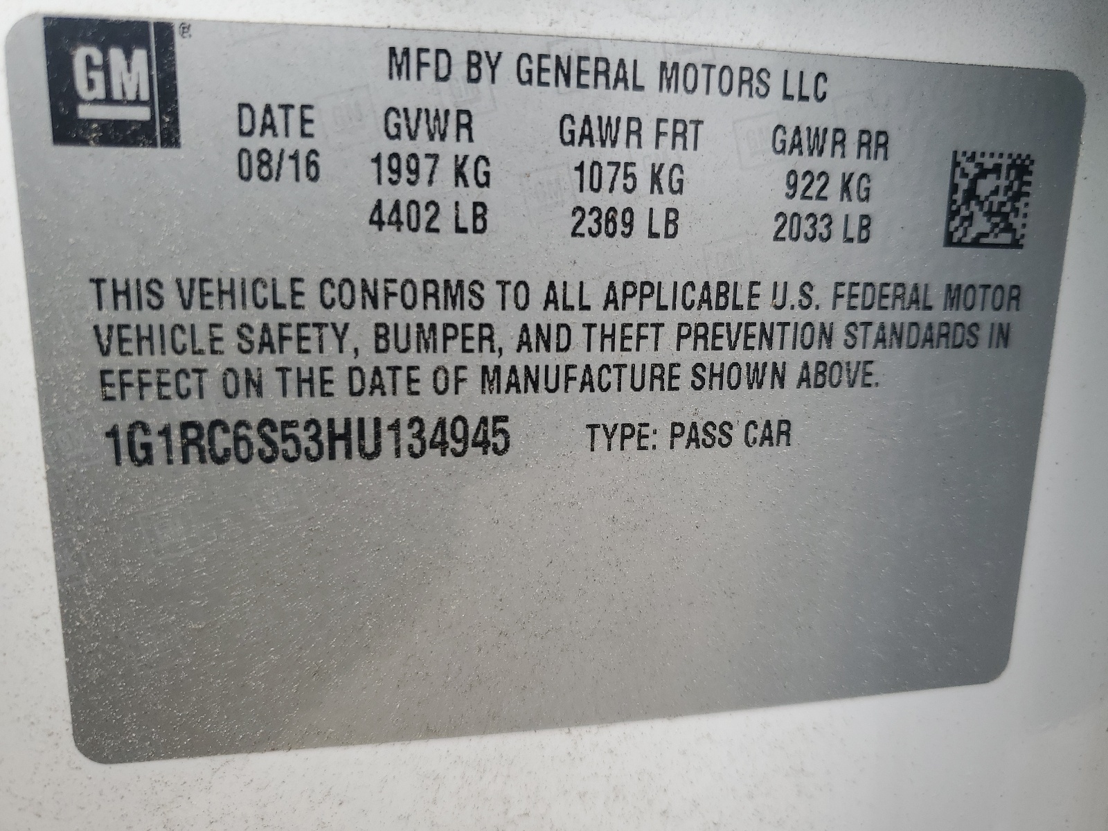 1G1RC6S53HU134945 2017 Chevrolet Volt Lt