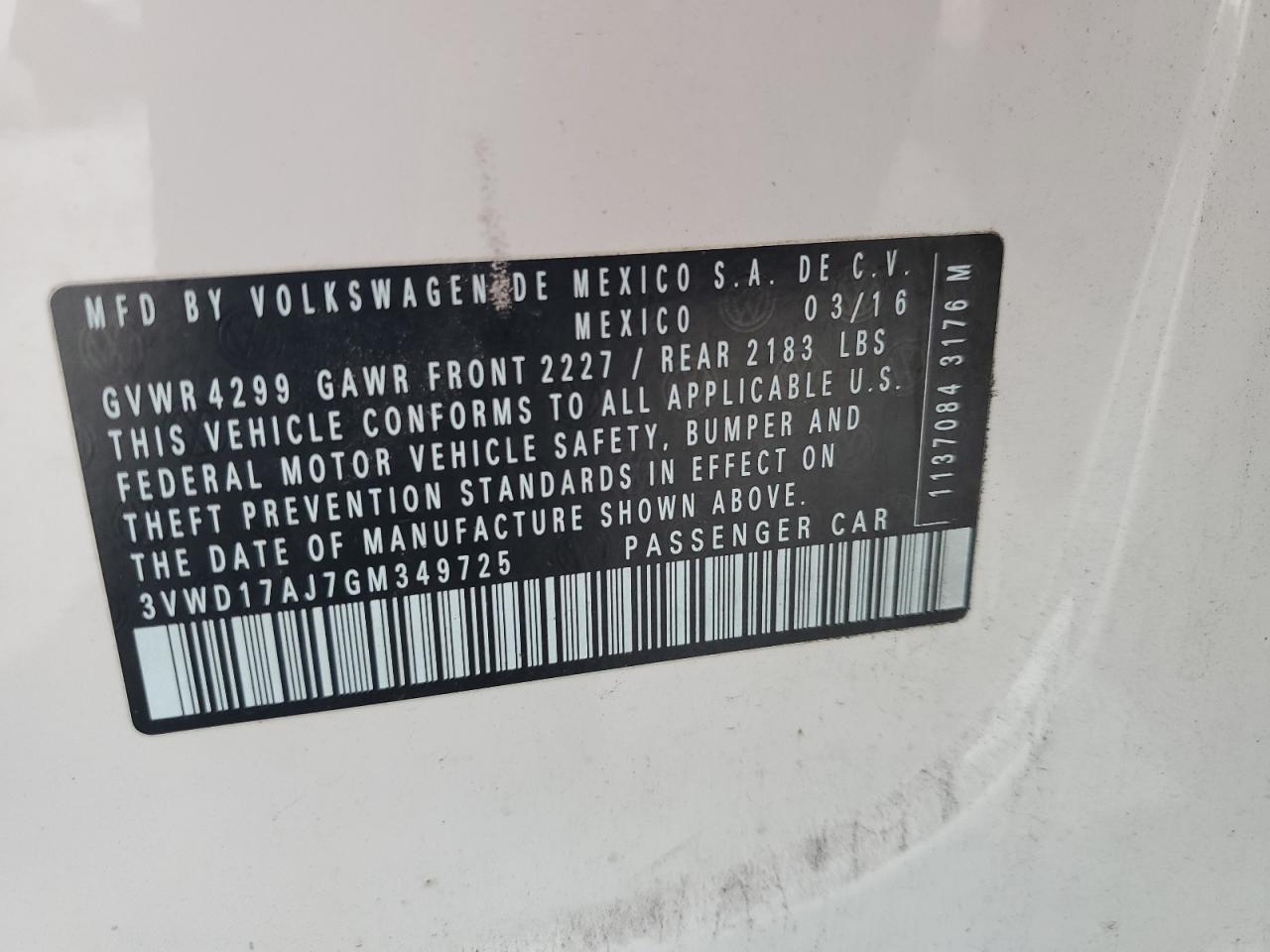 2016 Volkswagen Jetta Sport VIN: 3VWD17AJ7GM349725 Lot: 65294474