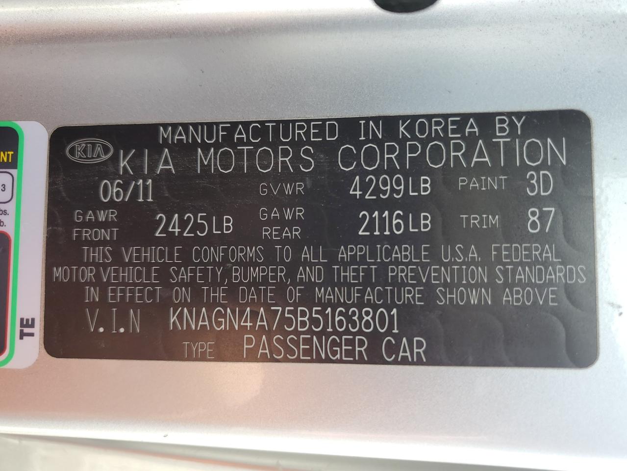 2011 Kia Optima Ex VIN: KNAGN4A75B5163801 Lot: 63888624