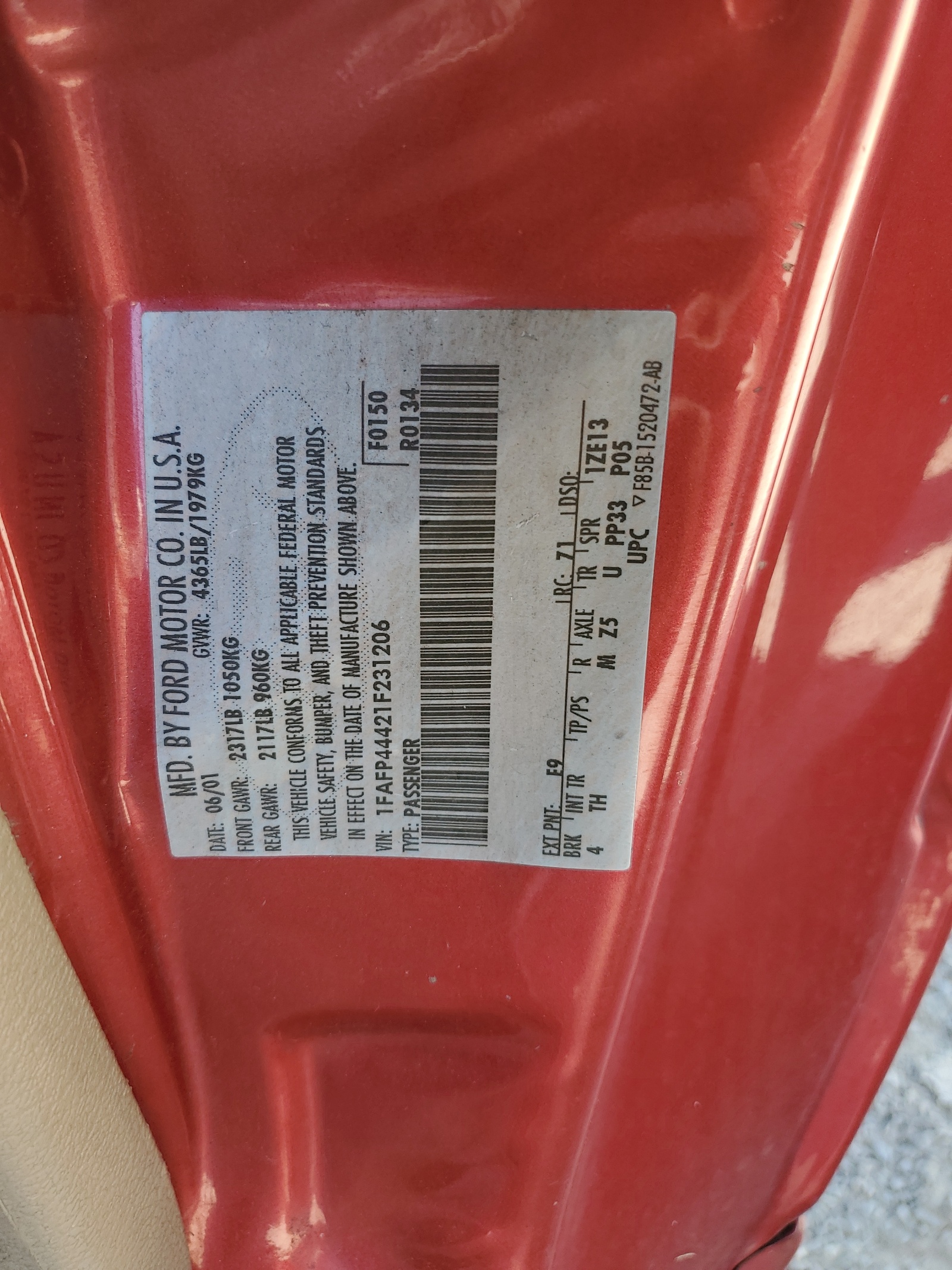 1FAFP44421F231206 2001 Ford Mustang