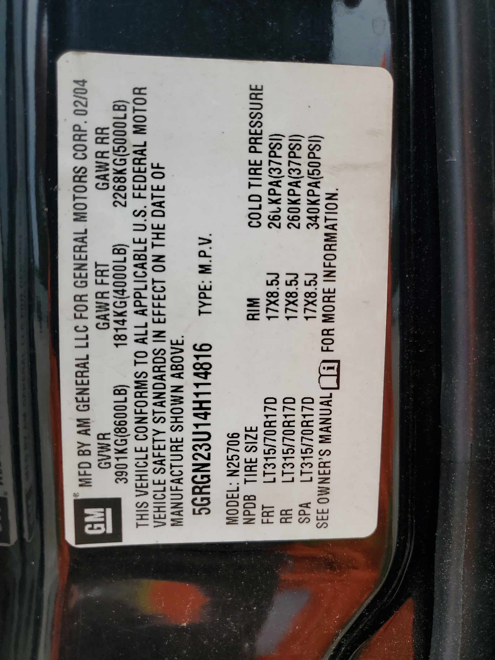 5GRGN23U14H114816 2004 Hummer H2