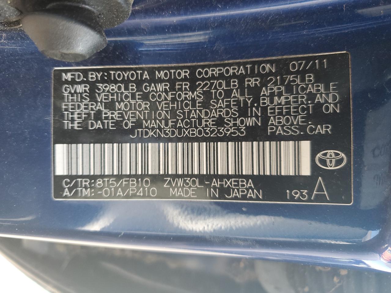 2011 Toyota Prius VIN: JTDKN3DUXB0323953 Lot: 63717604