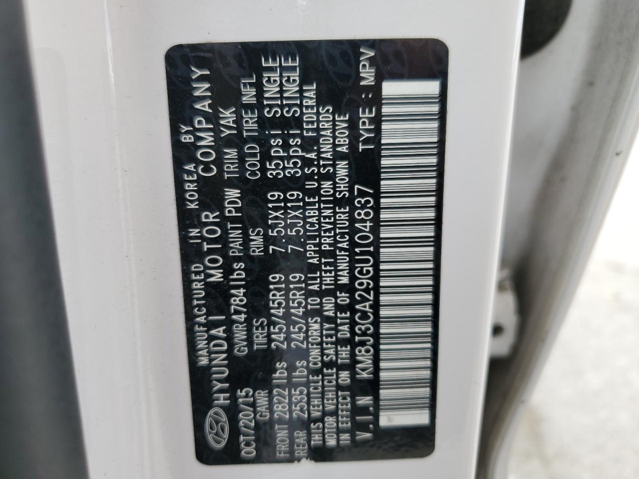 2016 Hyundai Tucson Limited VIN: KM8J3CA29GU104837 Lot: 61935834