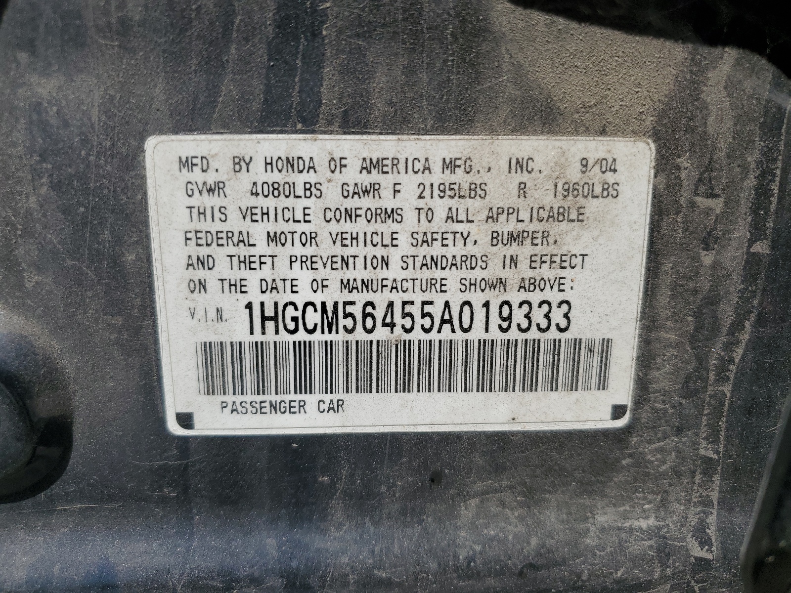 1HGCM56455A019333 2005 Honda Accord Lx