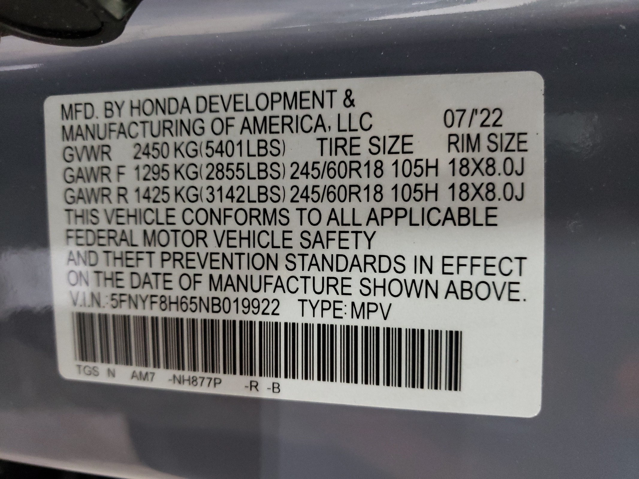 5FNYF8H65NB019922 2022 Honda Passport Trail Sport