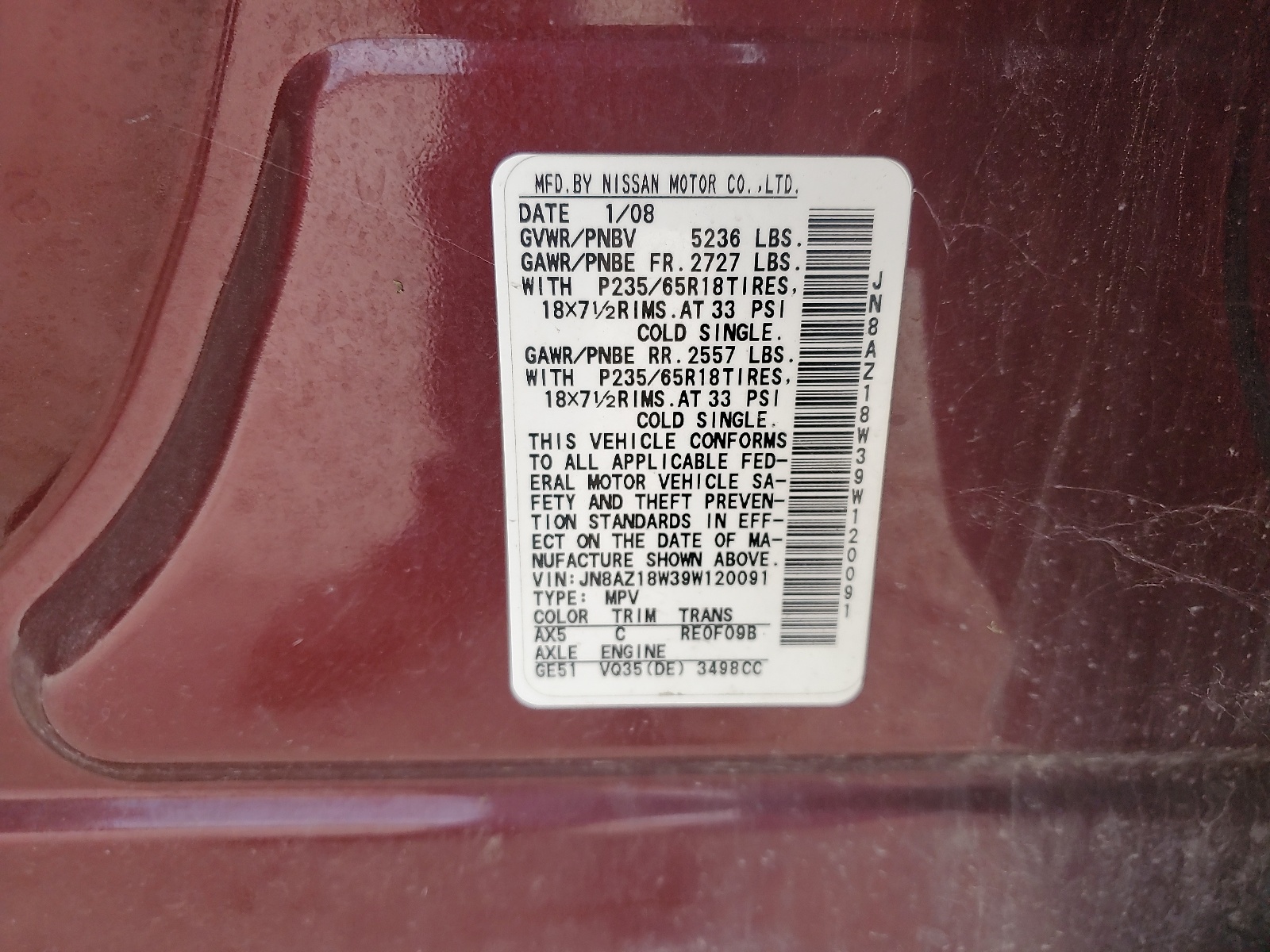 JN8AZ18W39W120091 2009 Nissan Murano S