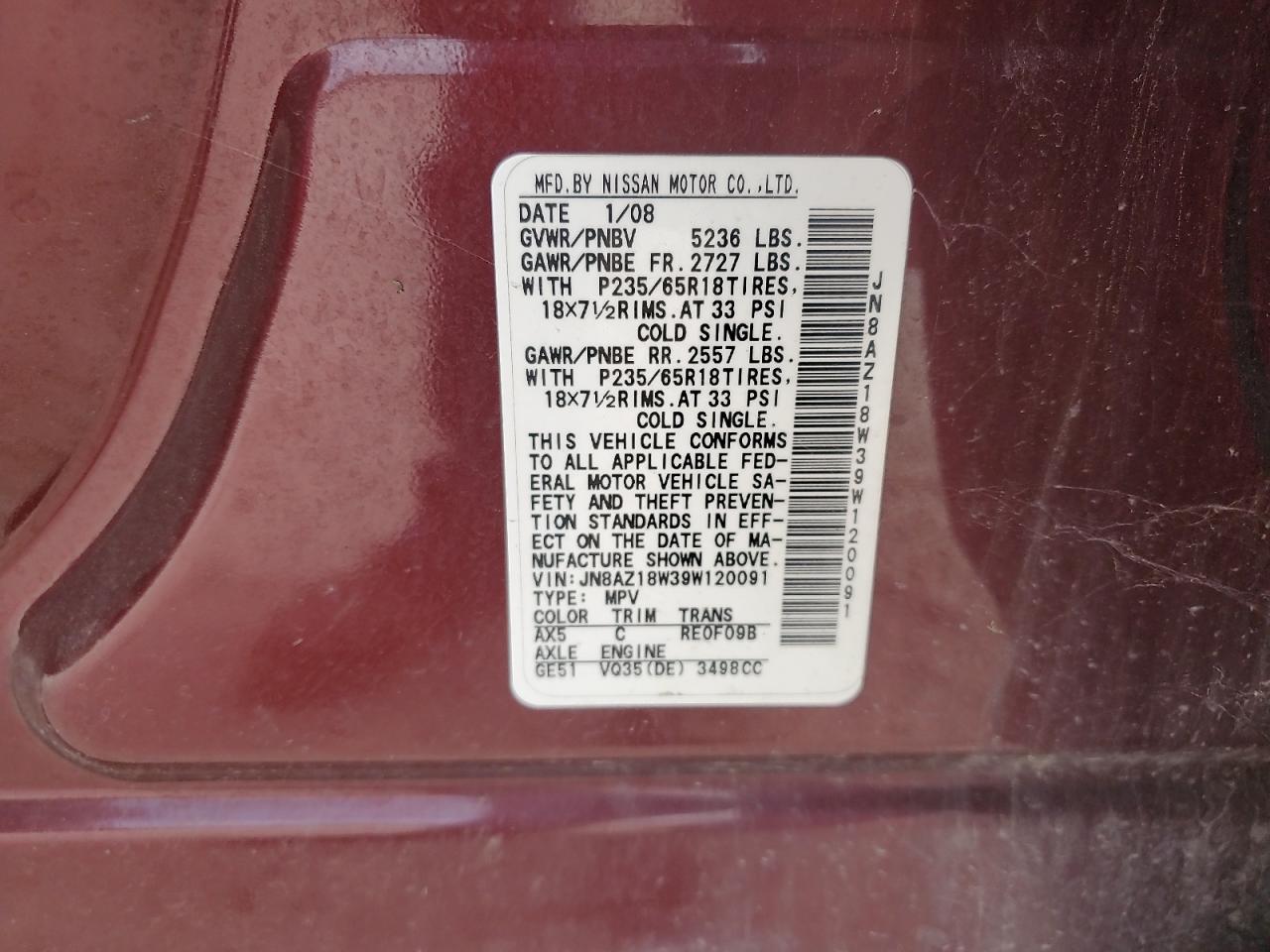 2009 Nissan Murano S VIN: JN8AZ18W39W120091 Lot: 62108504