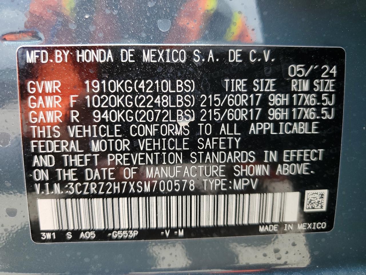 VIN 3CZRZ2H7XSM700578 2025 HONDA HR-V no.14