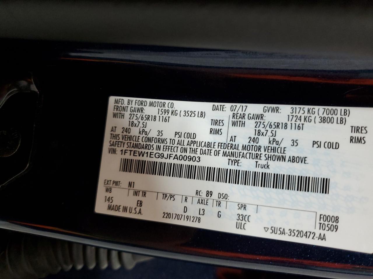 2018 Ford F150 Supercrew VIN: 1FTEW1EG9JFA00903 Lot: 63843424