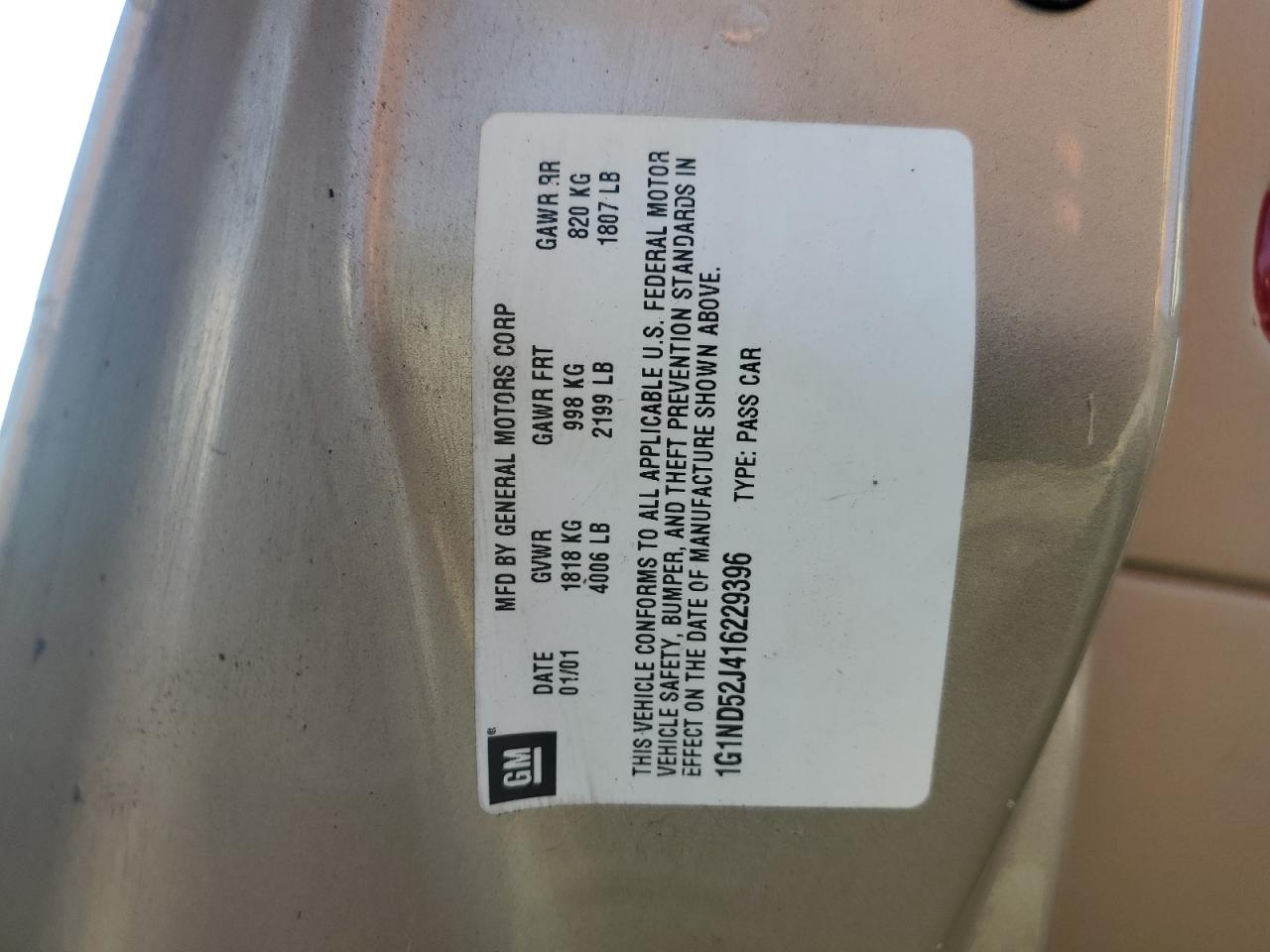 2001 Chevrolet Malibu VIN: 1G1ND52J416229396 Lot: 62228234