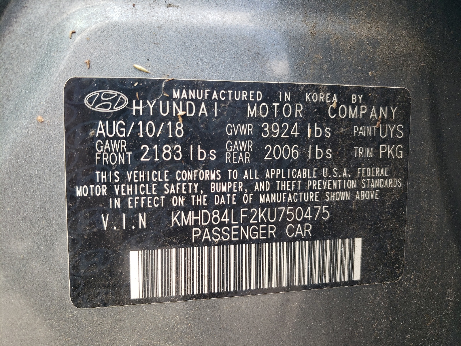 KMHD84LF2KU750475 2019 Hyundai Elantra Sel