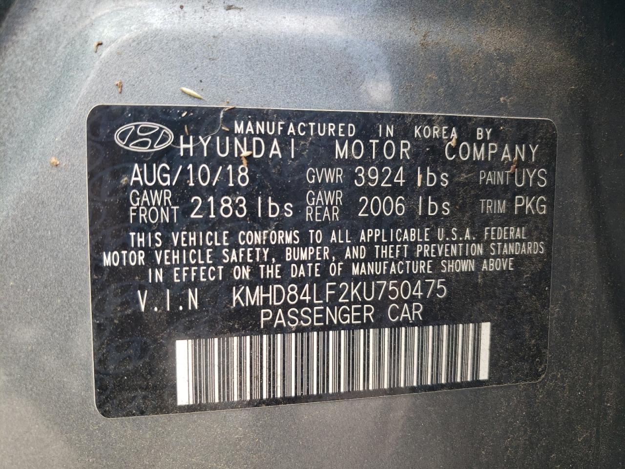 2019 Hyundai Elantra Sel VIN: KMHD84LF2KU750475 Lot: 62775124