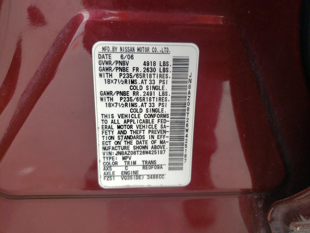 2006 Nissan Murano Sl VIN: JN8AZ08T26W425187 Lot: 63720464