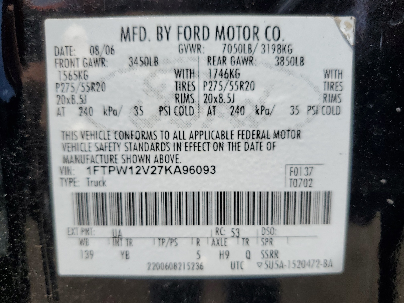 1FTPW12V27KA96093 2007 Ford F150 Supercrew