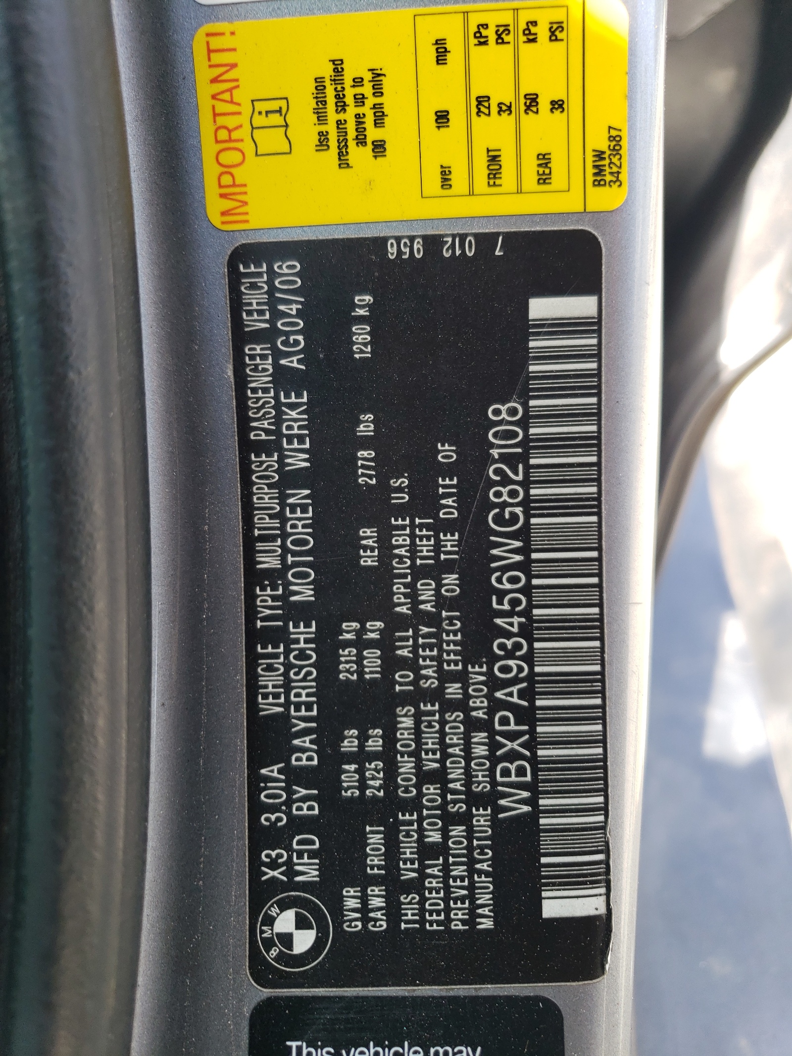 WBXPA93456WG82108 2006 BMW X3 3.0I