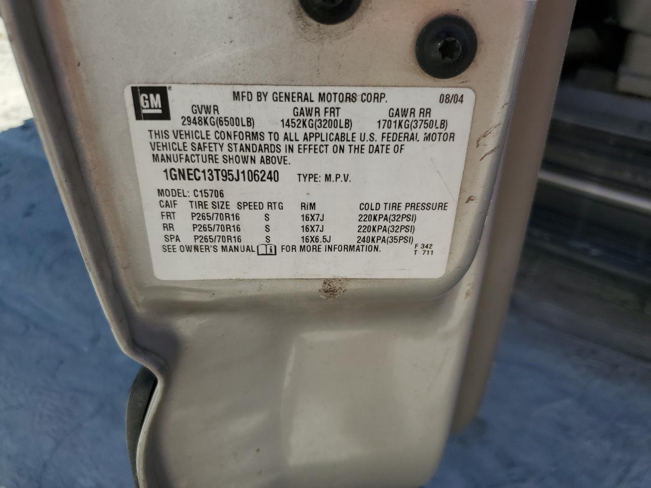 2005 Chevrolet Tahoe C1500 VIN: 1GNEC13T95J106240 Lot: 63595394