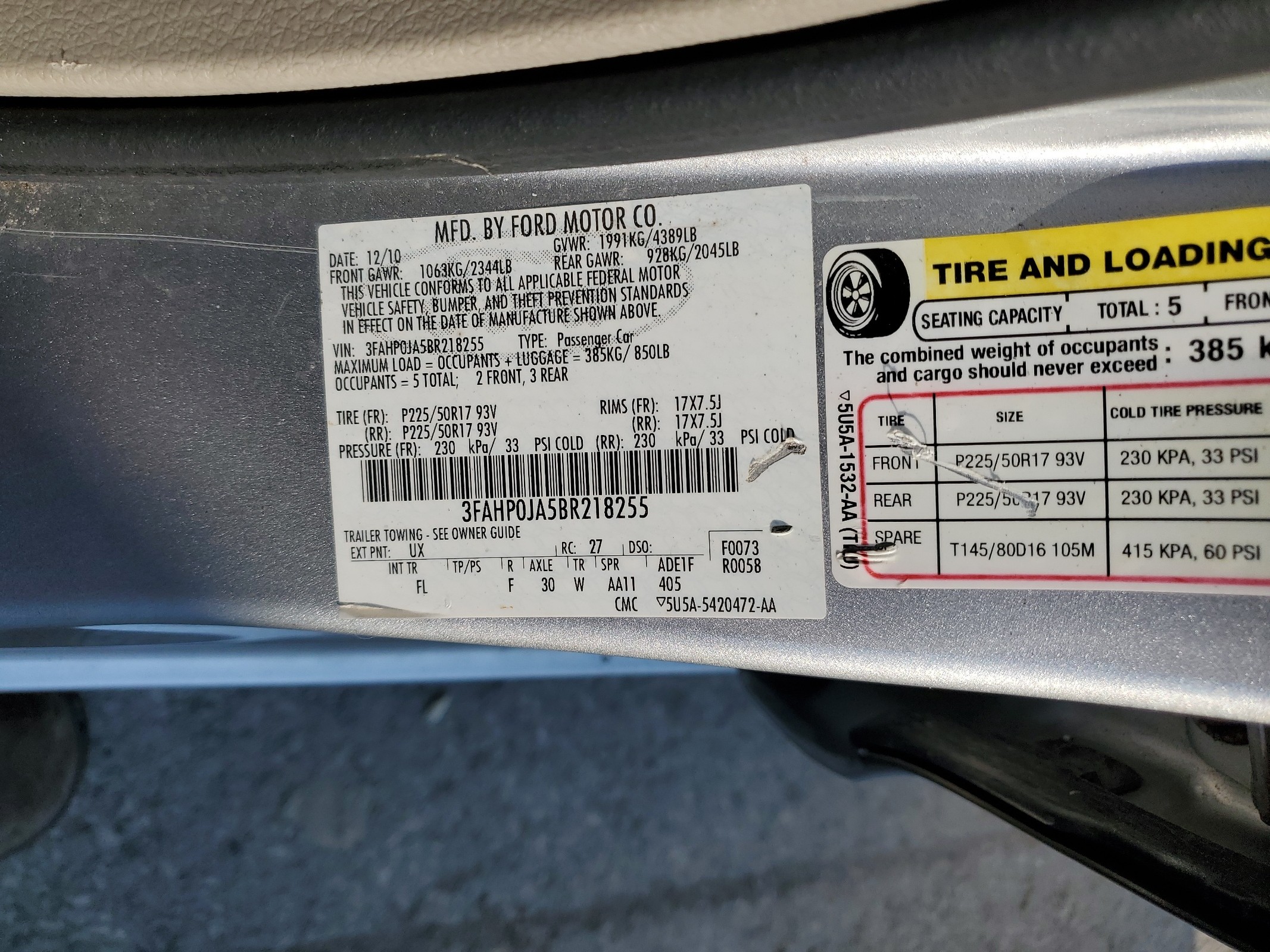 3FAHP0JA5BR218255 2011 Ford Fusion Sel